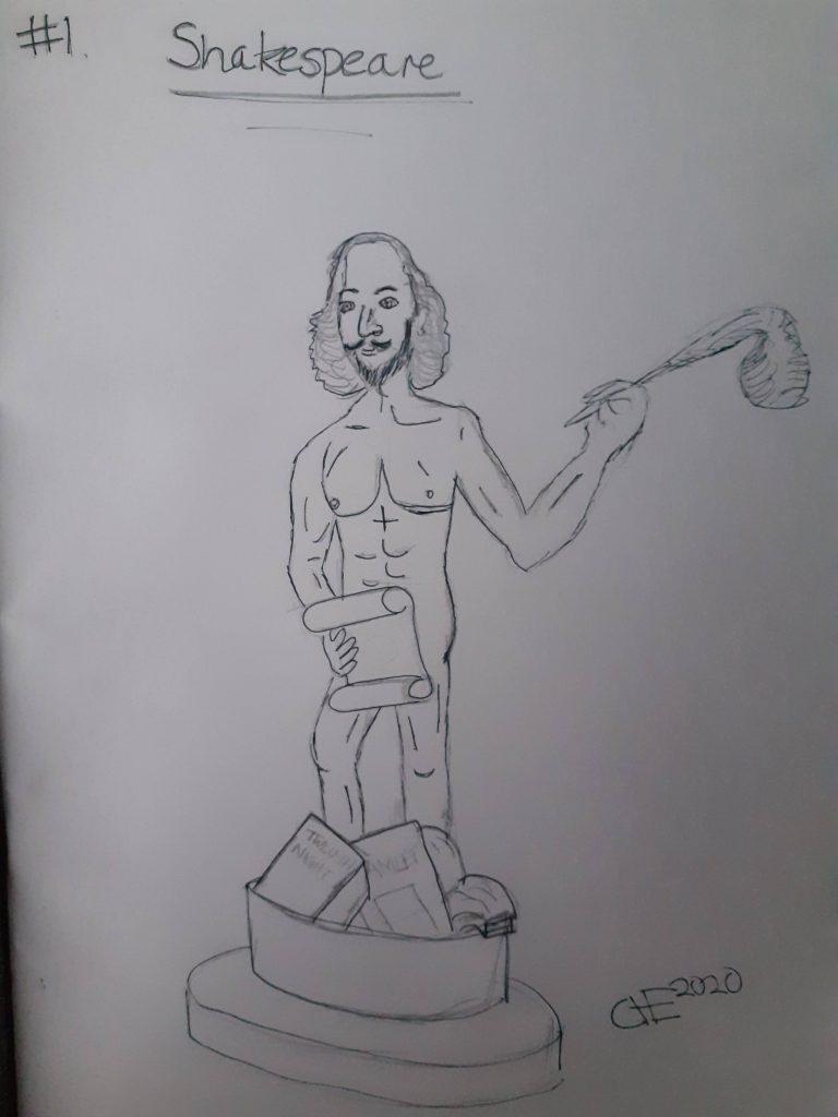 It is a sketch of Shakespeare standing naked atop a pile of books. A scroll covers his genitals and he is brandishing a quill